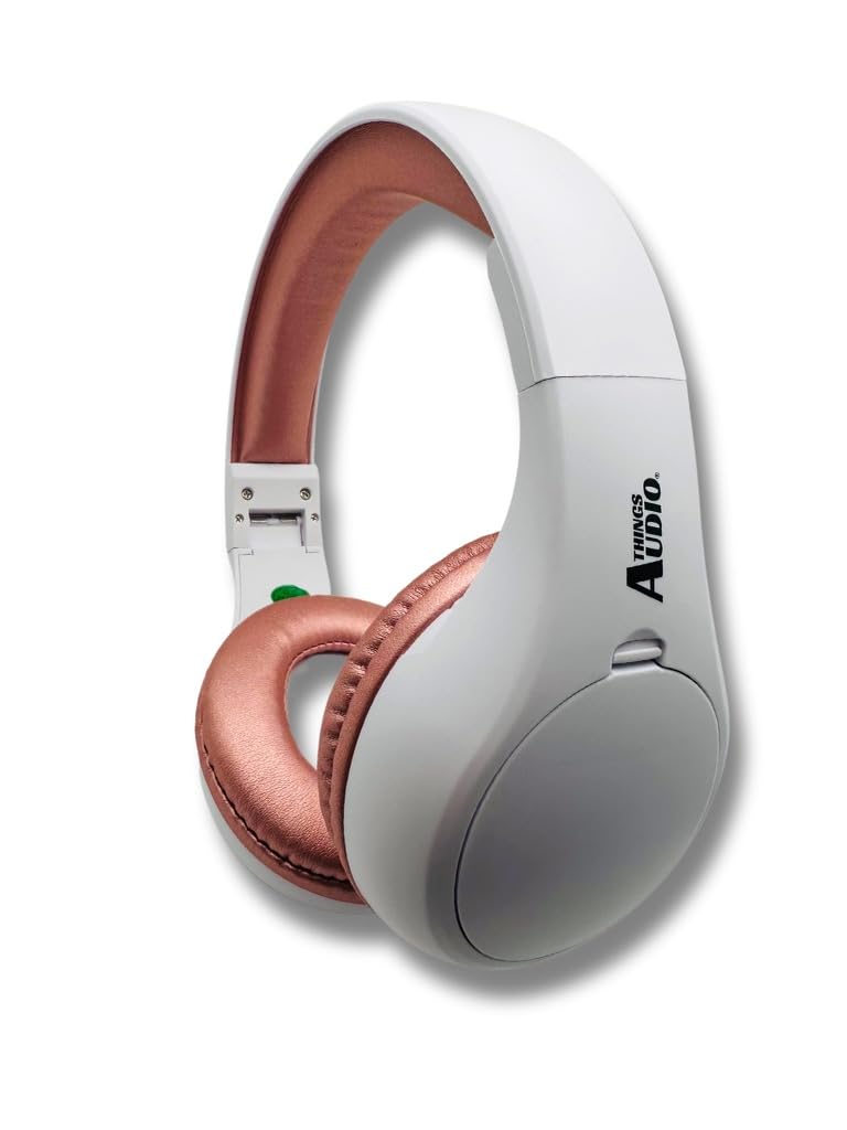 KQEC FM Radio Headphones, White & Rose Gold | Adjustable, Pull-Out Antenna, Portable Personal Radio, Battery Powered