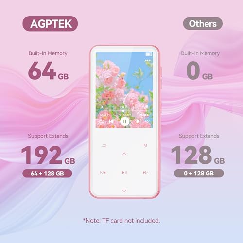 AGPTEK 64GB MP3 Player with Bluetooth, M3 2.4 inch Music Player with Speaker and FM Radio, Touch Buttons, Supports Up to 128GB(Pink) Pink