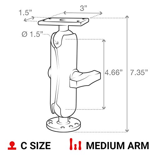 RAM MOUNTS Marine Electronics Drill-Down Mount with Medium Arm | C Size 1.5" ball with 1.5" x 3" plate for fish finders, GPS and marine electronics