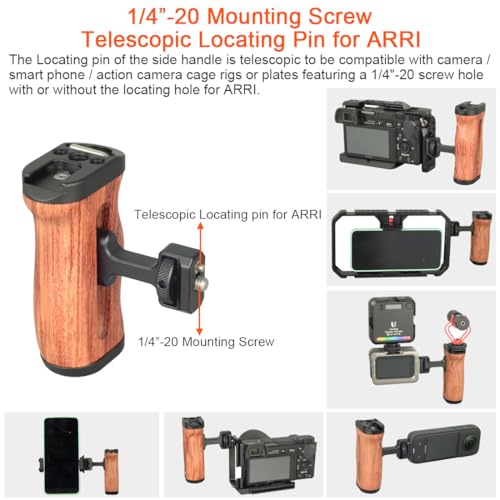 Wooden Camera Cage Side Handle Grip with 1/4" Screw Locating Mount for ARRI, Mini Side Handle for Smartphone Cage Video Rig and Action Camera Cage Compatible with Gopro/Insta360/DJI Osmo
