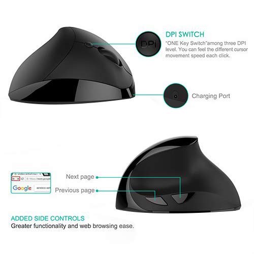 Small Hand Ergonomic Mouse, LEKVEY Vertical Wireless Mouse - Rechargeable 2.4GHz Optical Vertical Mice : 3 Adjustable DPI 6 Buttons, for Laptop, PC, Computer, Desktop, Notebook etc, Black