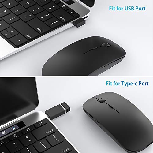 OKIMO Rechargeable Wireless Mouse, 2.4Ghz Silent Computer Office Portable Slim Optical Mouse with USB Receiver Type-C, 3-Level Adjustable DPI for Laptop, Computer, MacBook, Notebook, PC (Black)