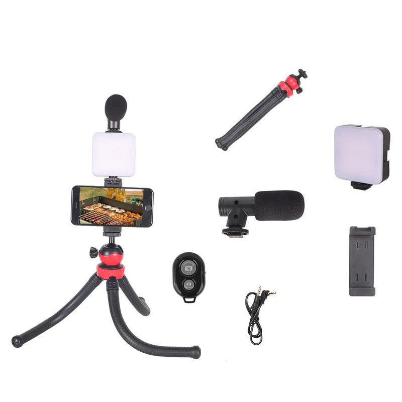Flexi Smartphone Vlogging kit, for Apple & Android, includes USB-C & iPhone Lightning Cable, YouTube Starter Kit, Podcast Equipment, Tripod, Shotgun Mic, led Light, Phone Holder