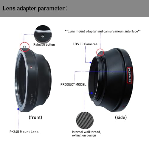 Compatible with PK 645 P645 PK645 Lens to EF (EF, EF-S) Mount SLR Cameras5D,5D Mark II/III,7D,10D,20D,30D, 40D,50D,60D, Rebel xt, xti, xs, xsi,PK645 to EF Lens Adapter.