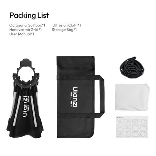 ULANZI FOLD QS30 Octagonal Softbox, 11.81 inch/30cm Mini Bowens Mount Quick Release Octagonal Softbox with Soft Cloth & Honeycomb Grid, Lightweight & Foldable Portable Light Diffuser for COB Light BLACK-WHITE