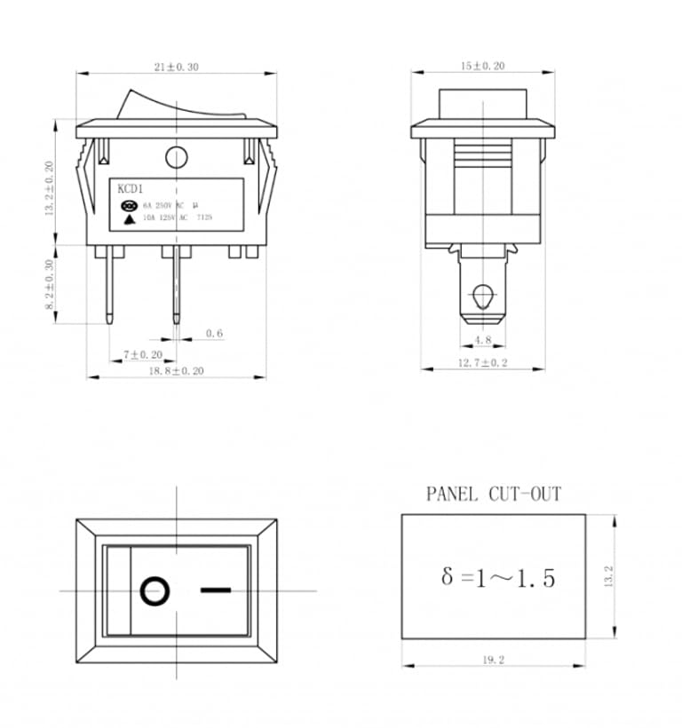 [AUSTRALIA] - Rocker Switch, Toggle Switch, Device Switch, Mini Rocker Switch 250V 6A 125V 10A AC, KCD1 (6V 9V 12V 24V 125V AC/DC) Black Rectangular 19 x 13 mm, 2-Pin On/Off 