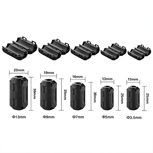 Ferrite Ring Core Ferrite Beads Clip RFI EMI Noise Suppressor Anti-Interference Cable Clip for 3.5mm/ 5mm/ 7mm/ 9mm/ 13mm Diameter Cable, Black (20) 20