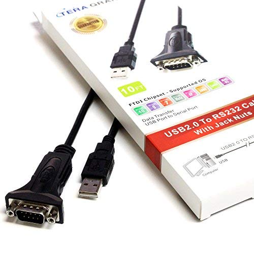 Tera Grand - Premium USB 2.0 to RS232 Serial DB9 Adapter Cable 10 Feet - Supports Windows 11, 10, 8, 7, Vista, XP, 2000, 98, Linux and Mac - Built with FTDI Chipset and Hex Jack Nuts 10 ft