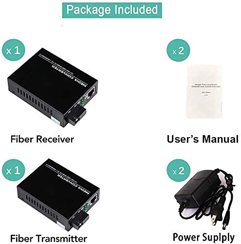 A Pair 2 Pack SC Single Mode Gigabit Ethernet Media Converter 10/100/1000Mbps Bi-Directional Single SC Fiber Ethernet Transceiver up to 20km RJ-45 Port 10/1000Base-TX to 1000Base-FX 1310-nm Single-Mode SC Single Port