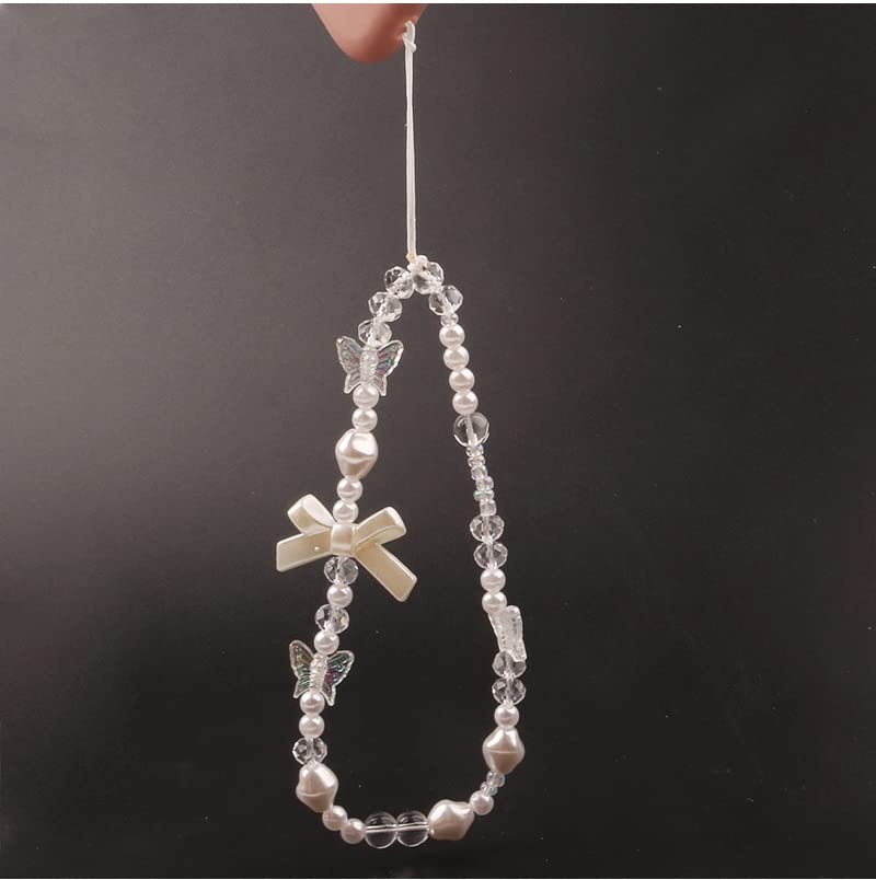 Cute Cell Phone Charms, Creative Bows Pearl Beaded Phone Lanyard Wrist Strap, Beaded Phone Strap Charms Anti-Lost Chain Keyring Charms Camera Wallet Decoration Pendant, Style 1… Style 2