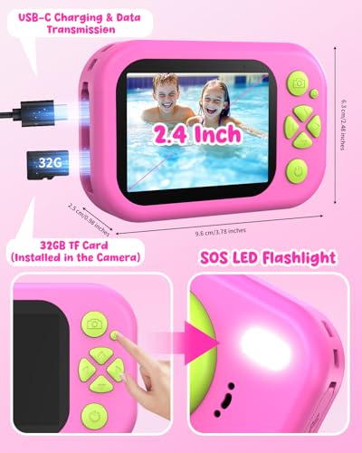 Waterproof Kids Camera, Underwater Camera for Kids 1080P Digital Video Camcorder with 2.4” Display, 32GB TF Card, Emergency LED Flash, Diving Swimming Beach Pool Toys for 3-12 Years Old Girls, Pink