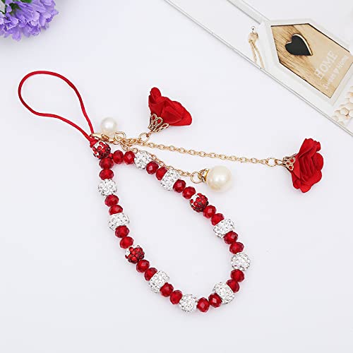 Fuqimanman2020 1-2 pieces of crystal flower mobile phone strap with female decorative pendant, cute car keychain red