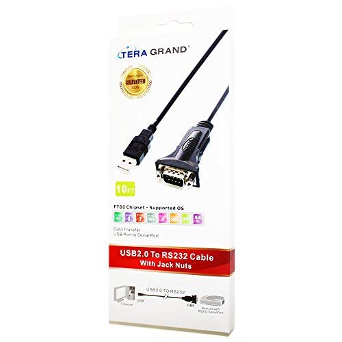 Tera Grand - Premium USB 2.0 to RS232 Serial DB9 Adapter Cable 10 Feet - Supports Windows 11, 10, 8, 7, Vista, XP, 2000, 98, Linux and Mac - Built with FTDI Chipset and Hex Jack Nuts 10 ft