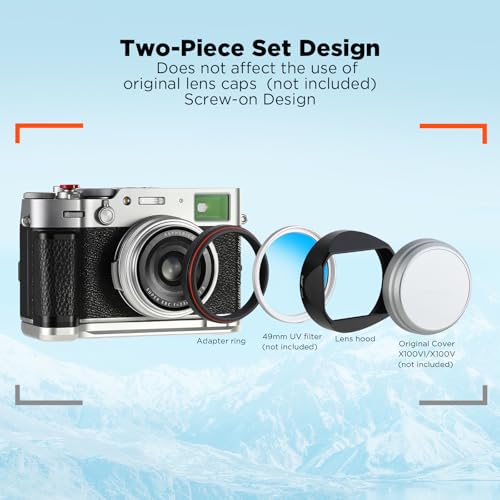Haoge Square Metal Lens Hood Shade for Fuji X100VI Fujifilm FinePix X100V X100F X100 X100S X100T X70 Camera Black with Cap and 49mm Adapter Ring Kit