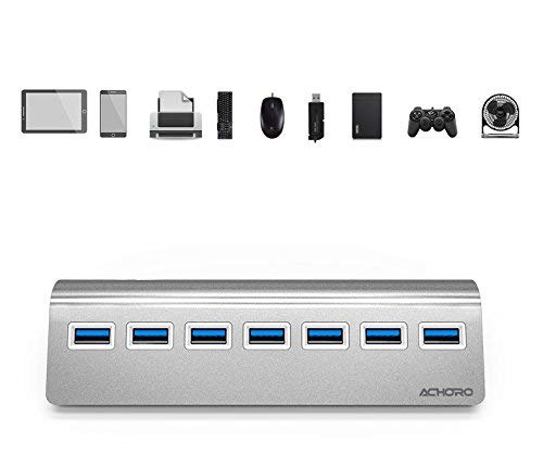 Achoro 7 Ports USB 3.0 Hub - Triangle Aluminum Alloy - High-Speed USB Port Expander - Compatible with PC, iMac, MacBook, Windows, Desktop, and More – Computer Multiple USB HUB (Silver) Silver