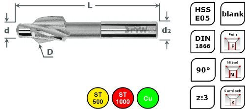 SPPW Countersink HSS-E05 90° DIN1866 Diameter 8.0 x 4.3 M4.0 F