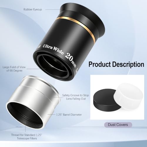Astromania Telescope Eyepiece 1.25" Goldline 66° Ultra Wide Angle Lens 20mm