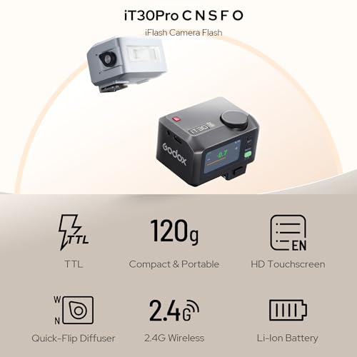 GODOX IT30Pro Sliver TTL Mini Camera Flash Light,Full-Color Touchscreen,2.4GHz X System,Built-in Diffuser and Battery (for Sony) IT30PRO-Sony