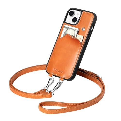 LUCKYCOIN Genuine Leather Crossbody Wallet Purse Case for iPhone 13 - Brown | 100% Genuine Leather, Wallet Phone Case for Women, Drop-Protection Phone Cover with Card Holder, Adjustable Strap, Hands-Free TAN