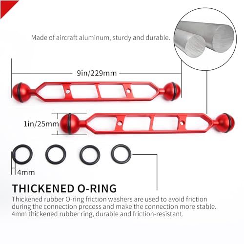 Red 9" Underwater Aluminum Alloy Extension Arm (2-Pack) - Dual Ball System with 1" Head Connector, Waterproof & Rustproof for Diving Camera Tray/Strobe/Video Light, Scuba Photography Gear 9" Extension Arm Red