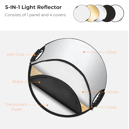 K&F CONCEPT 5-in-1 Light Reflector, 43"/110cm with Handle Grip & Bag 43 inches (110 cm)