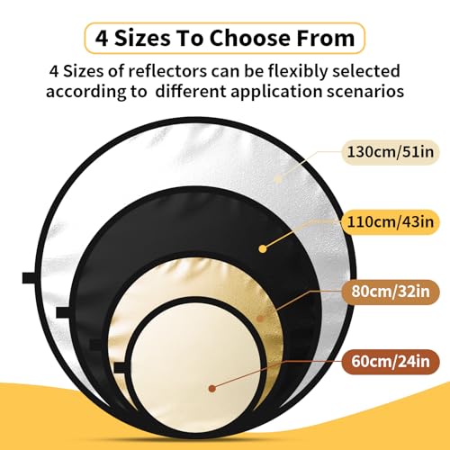 24/32/43/52in Photography Reflector, 5 in 1 Light Diffuser with Panel&Bag, Light Reflectors for Photography, Ideal for Content Creator Essentials&Photographer in Silver,Gold,White and Black 43inch/110cm