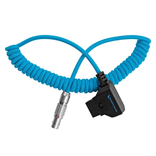 KONDOR BLUE | 14” to 29” Coiled D-Tap to 2-Pin LEMO Female Power Cable | Right-Angle D-Tap, Nylon Braided, Reinforced Connectors, for RED Komodo | Blue
