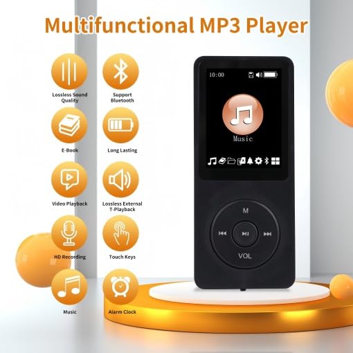 128GB Portable MP3 Player, with Bluetooth 5.2, Music Player with Built-in HD Loudspeaker, HiFi Lossless Sound, E-Book Reader, Earphones Included, Voice Recorder Black