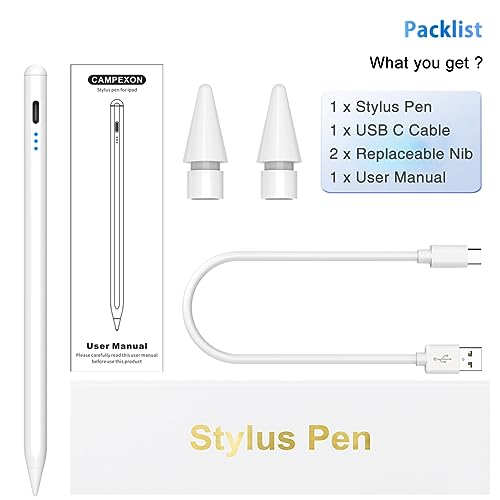 Stylus Pen for iPad, 5min Fast Charge Pencil for iPad/Pro/Air/Min 2018-2024, Pen for iPad with Tilt Sensitive& Palm Rejection& Magnetic for Professional Drawing, Writing, Working (White) WHITE