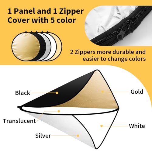 24/32/43/52in Photography Reflector, 5 in 1 Light Diffuser with Panel&Bag, Light Reflectors for Photography, Ideal for Content Creator Essentials&Photographer in Silver,Gold,White and Black 43inch/110cm