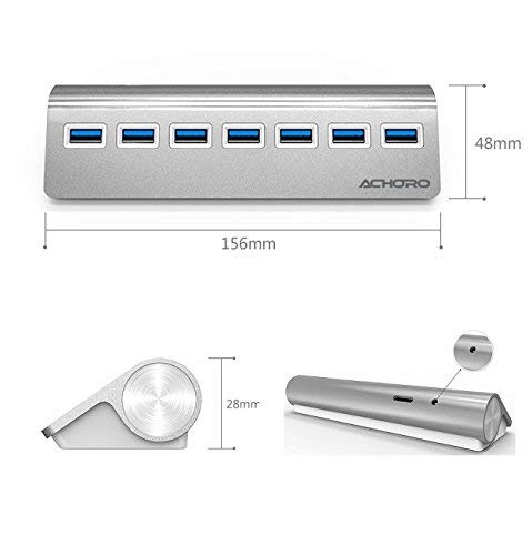Achoro 7 Ports USB 3.0 Hub - Triangle Aluminum Alloy - High-Speed USB Port Expander - Compatible with PC, iMac, MacBook, Windows, Desktop, and More – Computer Multiple USB HUB (Silver) Silver