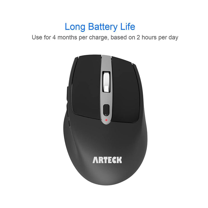 Arteck 2.4G Wireless Mouse with Nano USB Receiver Ergonomic Design Silent Clicking with Side Switch Buttons for Computer / Desktop / PC / Laptop and Windows 10/8/7 Build in Rechargeable Battery Black