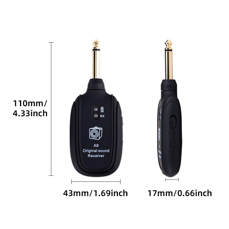 Wireless Guitar System - Transmitter Receiver with Built-in Rechargeable Battery, 4 Channels for Electric Guitar, Bass, Violin