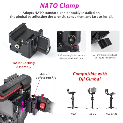 Adjustable NATO Briefcase Sling Handle for DJI Ronin RSC2 / RS3 / RS3 Mini, Gimbal Handgrip Extension Grip with Cold Shoe Mount 1/4" 3/8" Holes for Video Light, Microphone, Monitor
