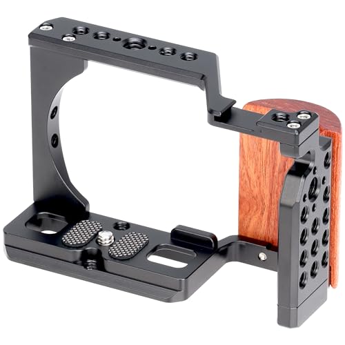 Foto4easy zv-e10 cage with Wood Handle for Sony ZV-E10 Camera,Quick Release Plate for Arca-Swiss,1/4" & 3/8" Screw Holes and Cold Shoe Mount for Accessories