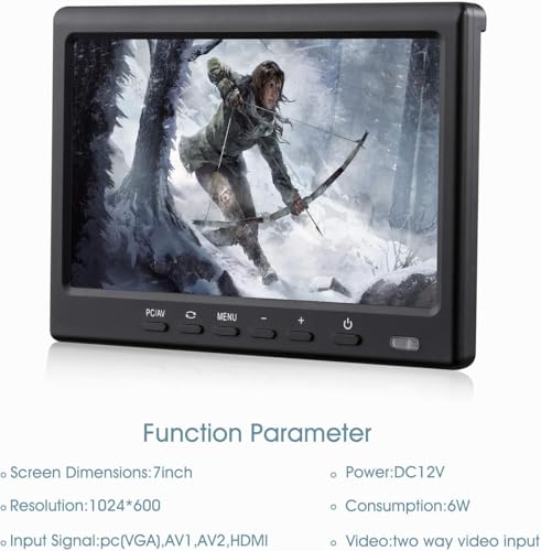 7inch HD LCD Monitor, IPS 1024X600 Resolution Screen, Car Rearview Cameras Monitor with HDMI VGA, 2 Video Input for Backup Camera for Car DVD VCR PC Laptop Raspberry Pi