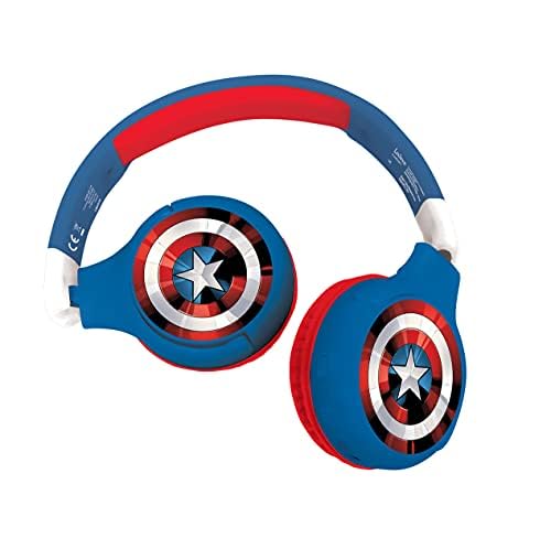 LEXiBOOK, Avengers Bluetooth Headphones, HPBT010AV | 2-in-1 Bluetooth & Wired, Kids safe, Foldable, Adjustable, Red/Blue