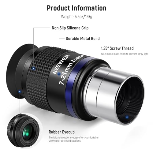 NEEWER Zoom Telescope Eyepiece with 7-21mm Focal Length Range, 40°-57° Field of View, 15mm Eye Relief, 5 Elements in 3 Groups for Astronomic Telescopes with 1.25 Inch Barrel, LS-T22
