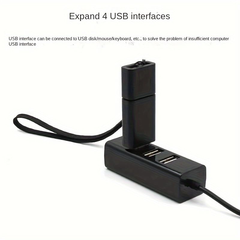 4-Port USB 2.0 Hub Portable USB Splitter, Black | High Speed USB Expansion Adapter, For Laptop PC, Support Mouse Keyboard Flash Drive OTG, Compact, For Computer & Mobile Phone