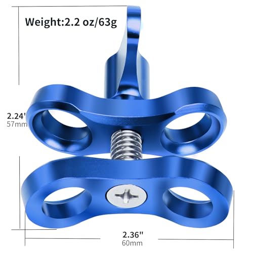 2-Hole 1" Aluminum Underwater Camera Clamp Ball Mount (2-Pack) - Underwater Bracket for Diving Light Arms & Camera Trays, Saltwater-Resistant Adapter for Scuba Photography/Videography Gear Double Holes Blue
