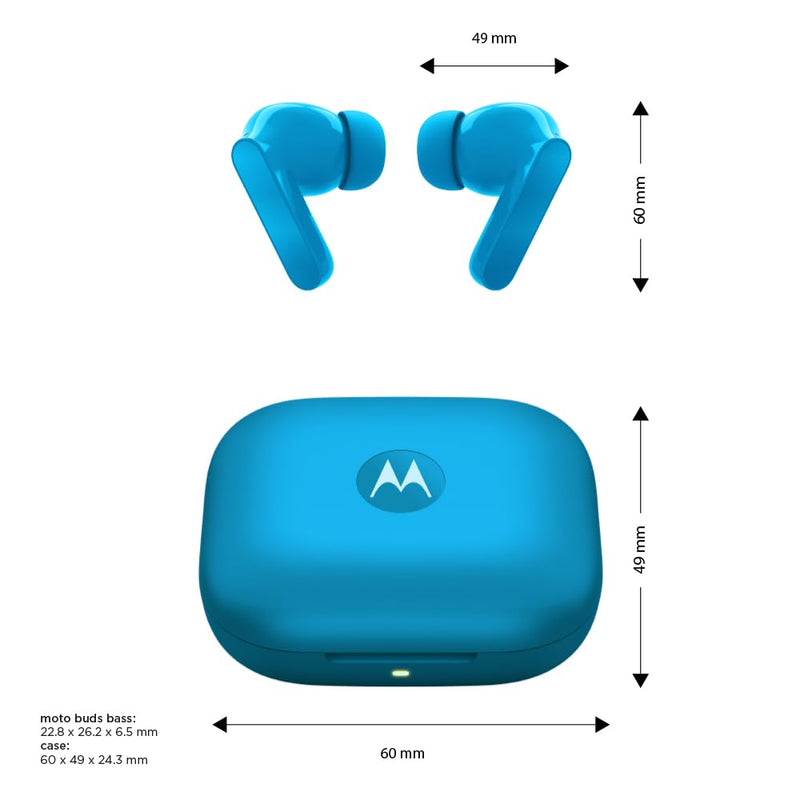 Motorola Moto Buds Bass XT2443-1 Dynamic ANC, Triple Microphone Array, Bluetooth 5.3, IP54 Water & Dust Resistant, Dolby Atmos Audio - (Blue Jewel)