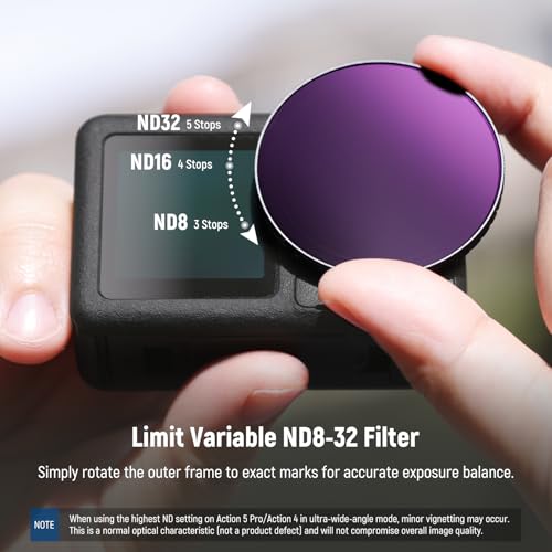 NEEWER Variable ND Filter Lens Kit Compatible with DJI Osmo Action 5 Pro/4, Screw On Multicoated HD Optical Glass ND8-32 (3-5 Stops) + 185° FOV Wide Angle Lens Action Camera Accessories, FL-54 2 Pack VND Filter Lens Kit