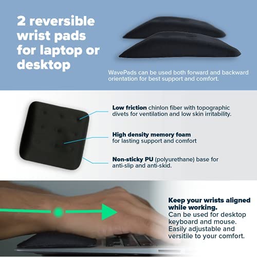 WavePads by AQUUES Solutions – Two Pack Non-Slip Wrist Rests for Laptop and Keyboard Ergonomic Memory Foam Laptop Wrist Pads for Wrist Pain & Carpal Tunnel Relief, Memory Foam Wrist Support Pads