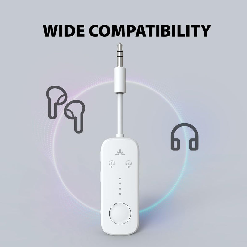 Avantree Relay - Premium Airplane Bluetooth 5.3 Adapter for All Headphones, aptX Low Latency, Supports 2 Headphones or AirPods, Wireless Audio Transmitter for in-Flight, TV, Gym, Tablets White