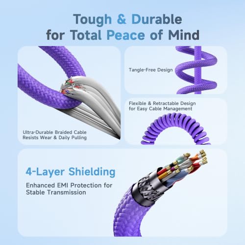 Uonecn Right Angle HDMI 2.1 Cable for Camera, 48Gbps 8K Braided Coiled HDMI for Atomos Ninja V, Portkeys BM5, Short HDMI Cable for Sony A7iv, Z-CAM F6, Z-Cam E2 Pro Cameras, Purple, Left to Right Left to Right Angle