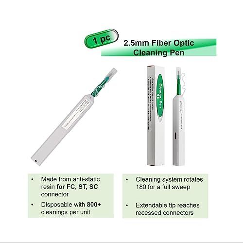 Fiber Optic Cleaning Kit — Fiber Cleaner for FC SC ST LC Connector, FTTH Cleaning Cassette (550+ Cleans), 1.25mm & 2.5mm Optic Cleaner Pen (800+ Cleans), Cleaning Sticks, Wipes
