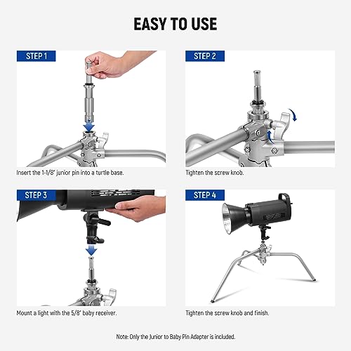 NEEWER Junior to Baby Pin Adapter, 1-1/8"/28mm Junior Male Stud to 5/8"/16mm Baby Male Stud Stand Adapter for C Stand, Heavy Duty Light Stand, TV Clamp, Turtle Base, UA027