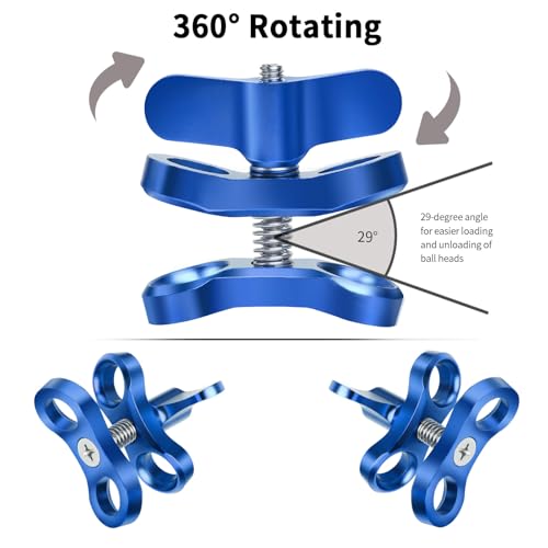 2-Hole 1" Aluminum Underwater Camera Clamp Ball Mount (2-Pack) - Underwater Bracket for Diving Light Arms & Camera Trays, Saltwater-Resistant Adapter for Scuba Photography/Videography Gear Double Holes Blue