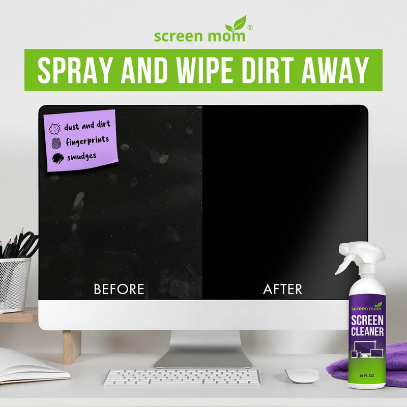[AUSTRALIA] - Screen Mom Screen Cleaner Kit for LED & LCD TV, Computer Monitor, Phone, Laptop, and iPad Screens – Includes 8oz Spray Bottle and Large Premium Microfiber Cloth 