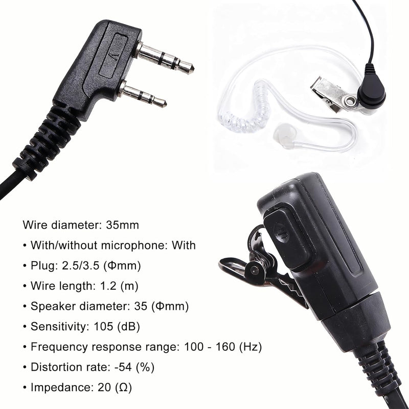 Covert Acoustic Tube Walkie Talkie Earpiece Surveillance Headset with Mic Compatible with 2 Pin Kenwood Two Way Radio 1 pack